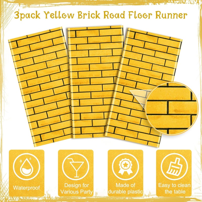 Jectivs 3Pcs Total 4.5x27 Feet Yellow Brick Road Floor Runner for Wizard Oz Party Decorations,Long Disposable Brick Stone Wall Backdrop Tablecloth for Halloween Princess Cosplay Medieval Castle Party Supplies - Image 3